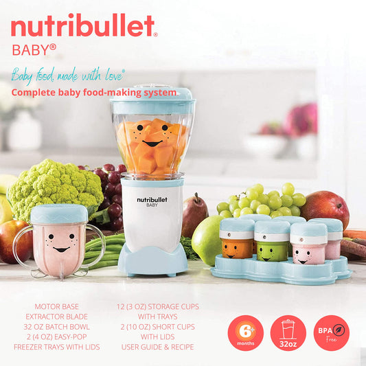 NutriBullet Baby food blender showing the thirty two ounce batch bowl attached to the power base