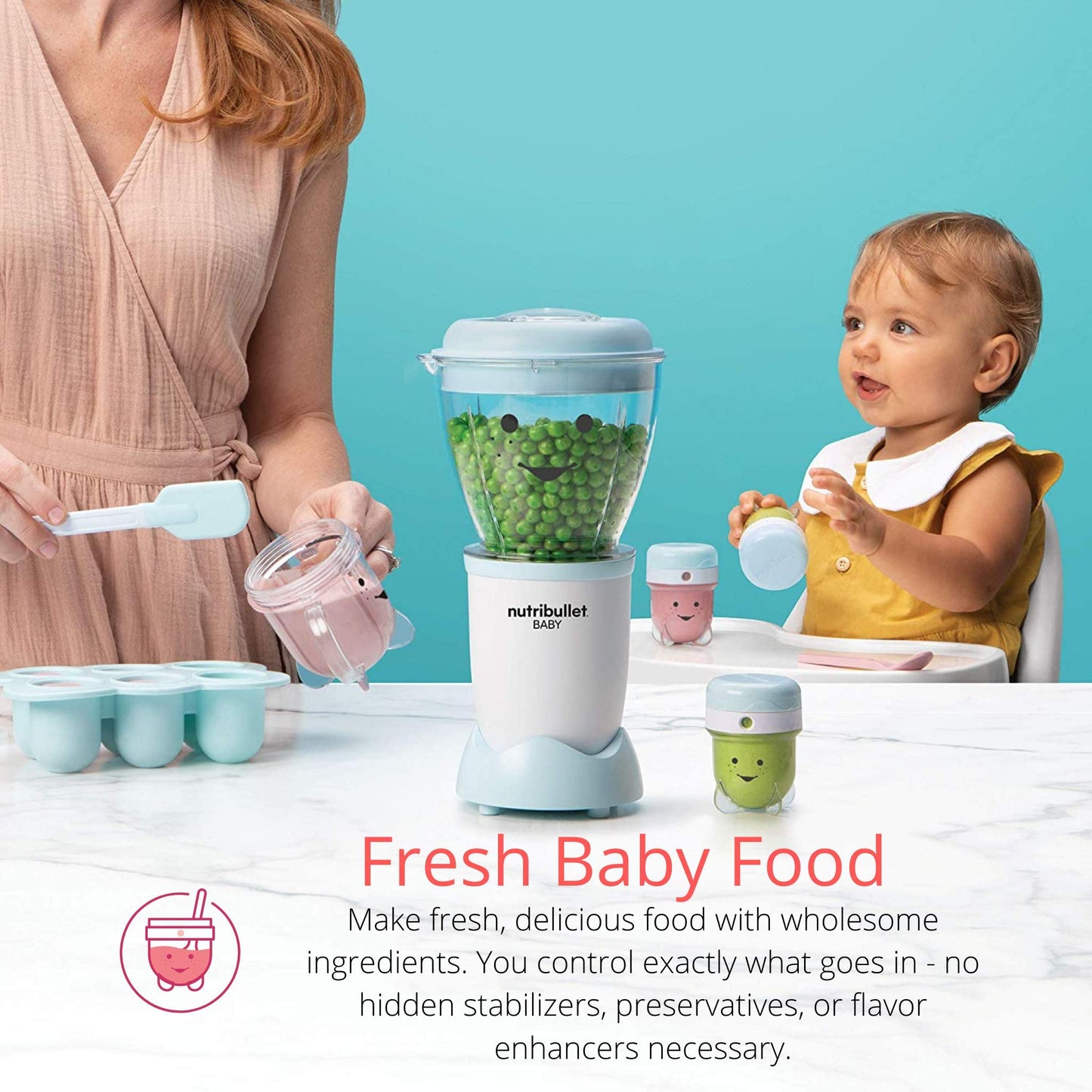 NutriBullet Baby complete set with six date-dial storage cups arranged on a tip-proof tray