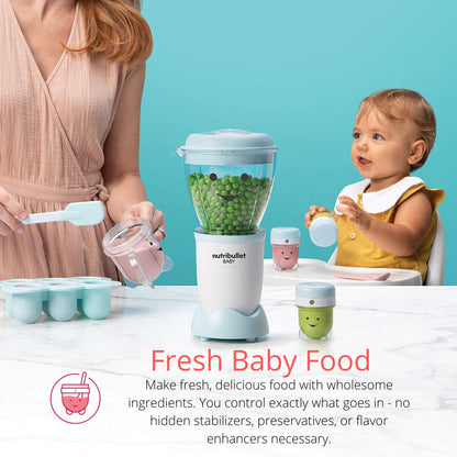 NutriBullet Baby complete set with six date-dial storage cups arranged on a tip-proof tray