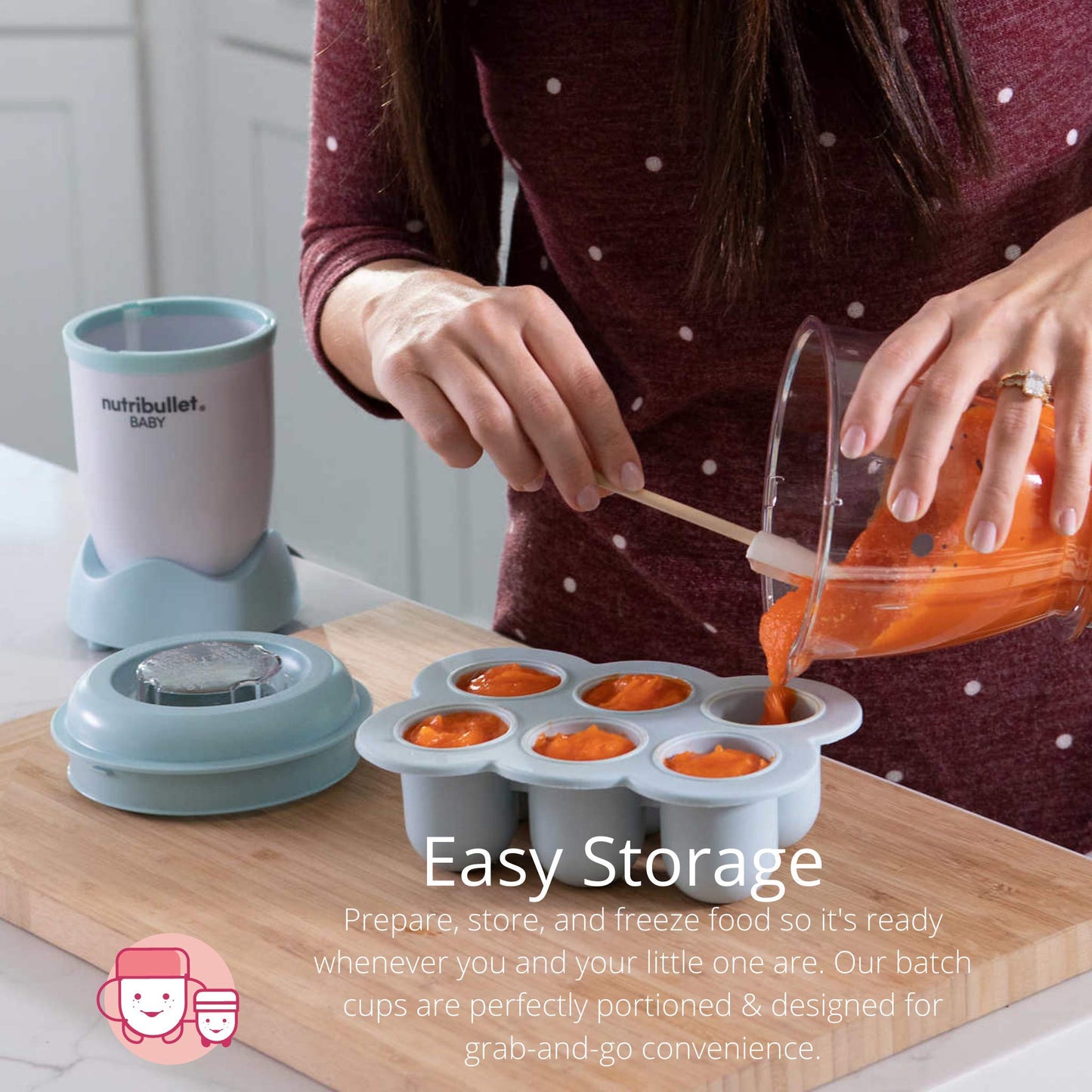 NutriBullet Baby food processor demonstrating the stainless steel blade assembly and non-toxic lids