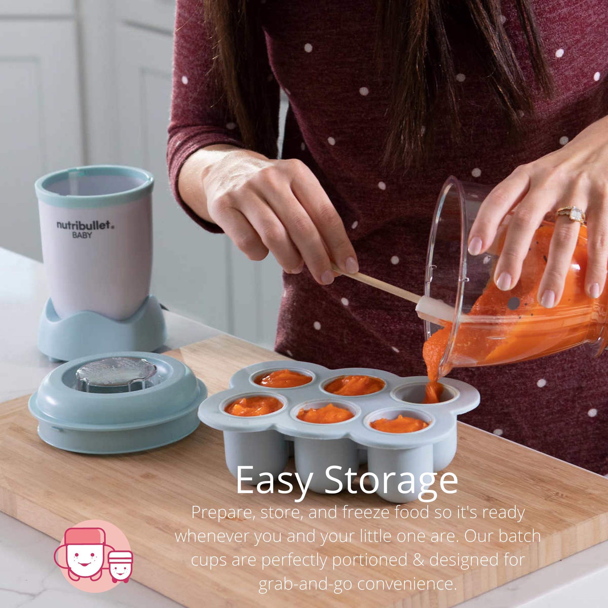 NutriBullet Baby food processor demonstrating the stainless steel blade assembly and non-toxic lids