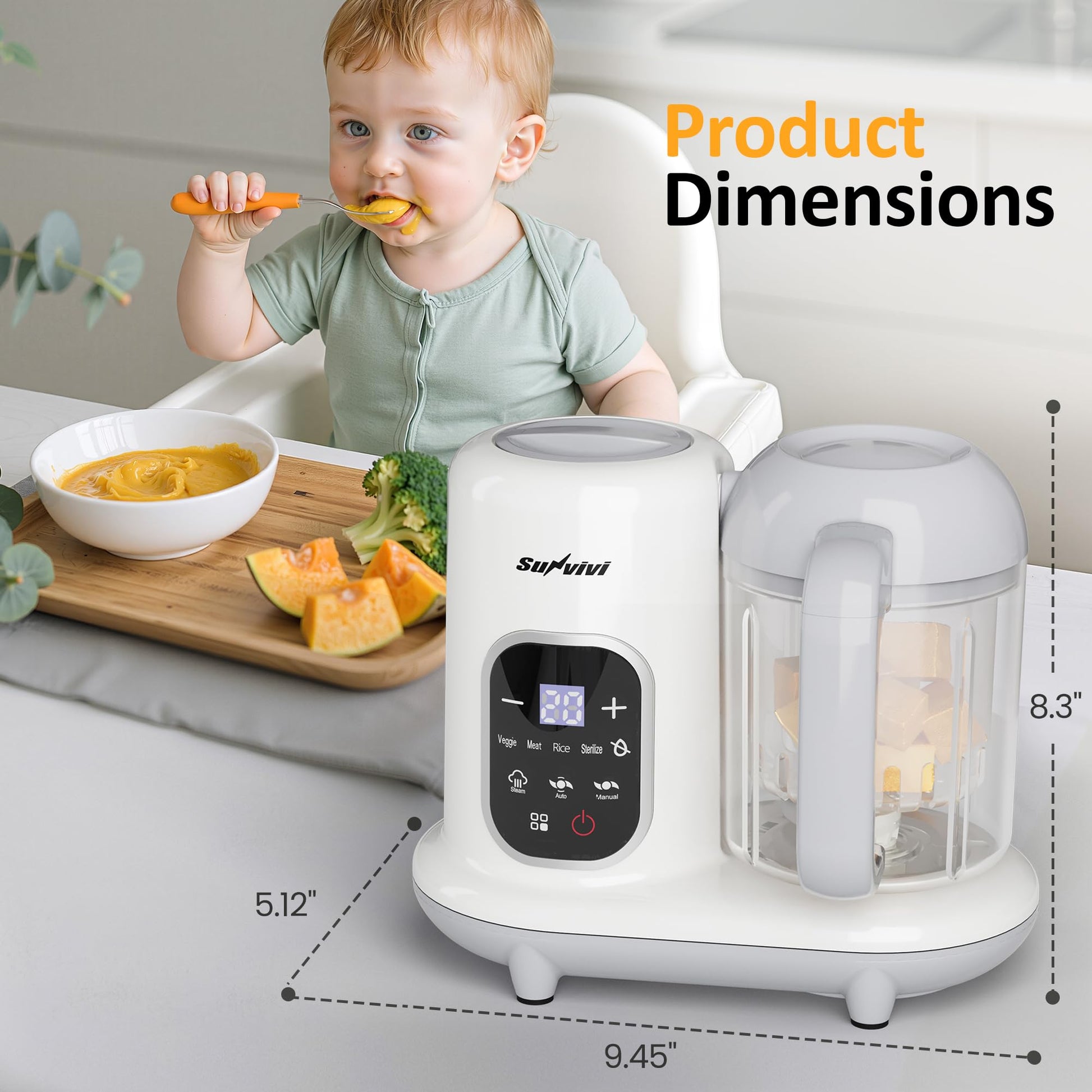 Clean white Sunvivi baby food blender sitting on a kitchen counter next to fresh ingredients