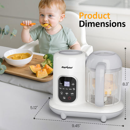Clean white Sunvivi baby food blender sitting on a kitchen counter next to fresh ingredients