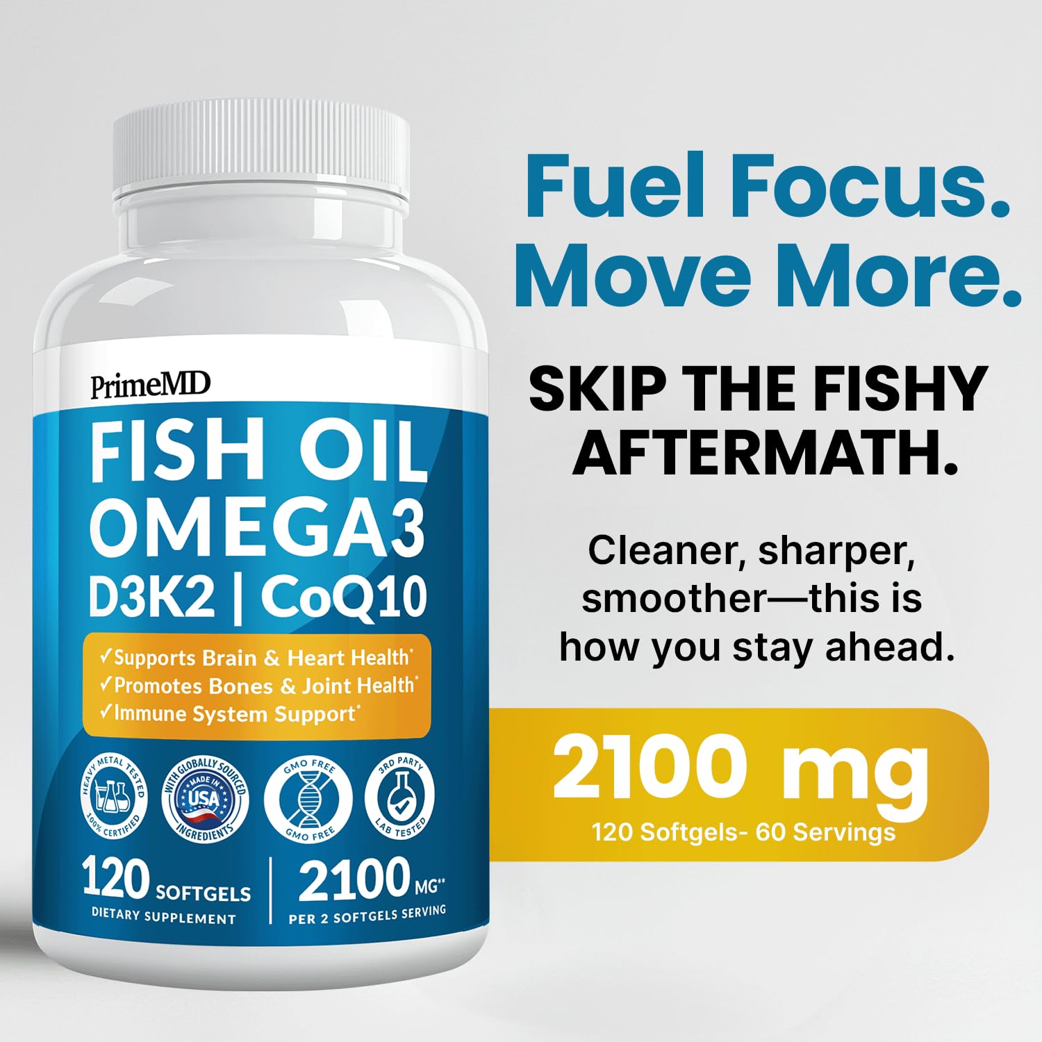 PrimeMD 4 in 1 Omega 3 Fish Oil supplement label highlighting 2100mg potency and formula benefits.