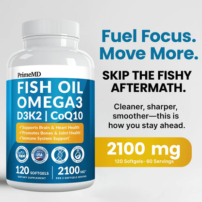 PrimeMD 4 in 1 Omega 3 Fish Oil supplement label highlighting 2100mg potency and formula benefits.