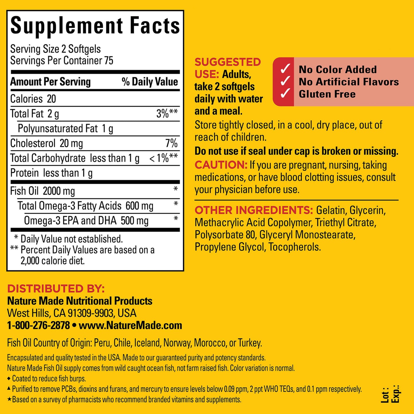 Nature Made Omega 3 fish oil dietary supplement bottle showing nutritional information label
