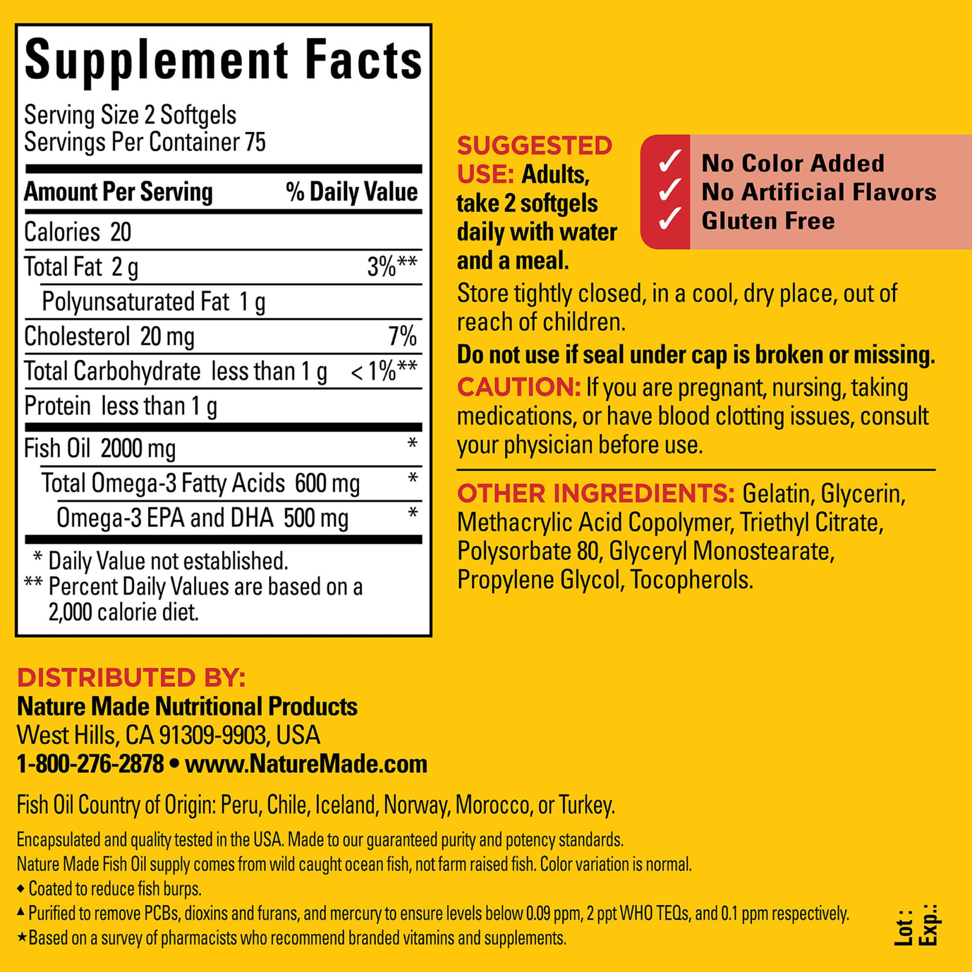 Nature Made Omega 3 fish oil dietary supplement bottle showing nutritional information label