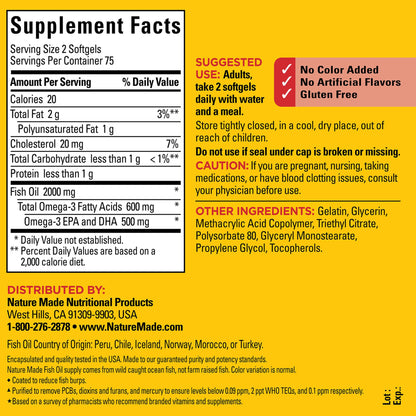 Nature Made Omega 3 fish oil dietary supplement bottle showing nutritional information label