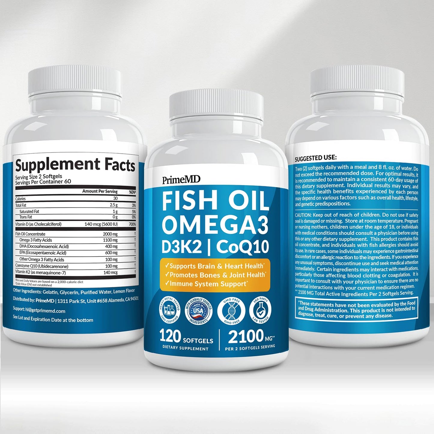 PrimeMD premium USA imported health supplement bottle showing heart bone and immune support indicators.