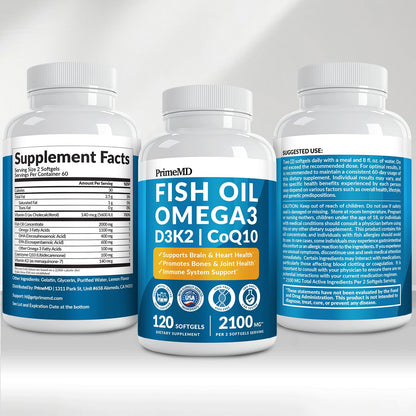 PrimeMD premium USA imported health supplement bottle showing heart bone and immune support indicators.