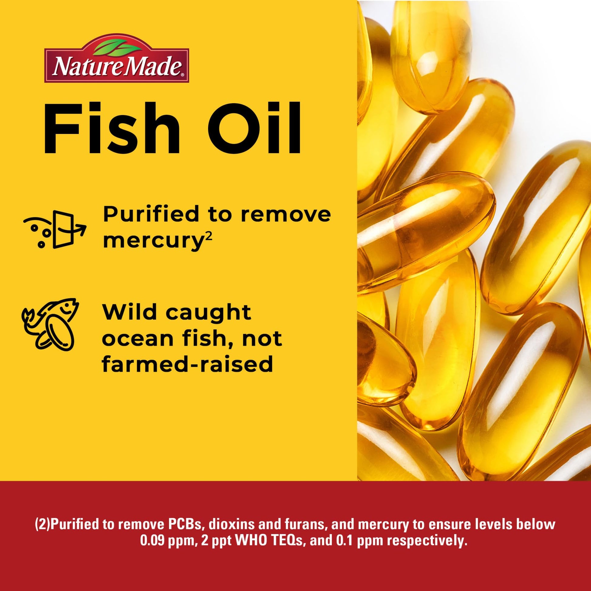Purified mercury free fish oil softgels packaging close up view