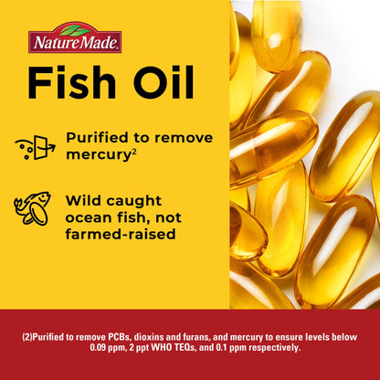 Purified mercury free fish oil softgels packaging close up view