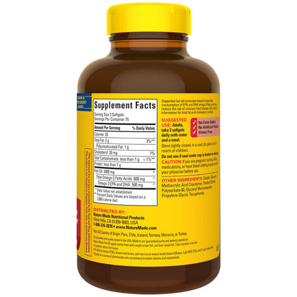 Nature Made premium quality tested fish oil bottle on clean background