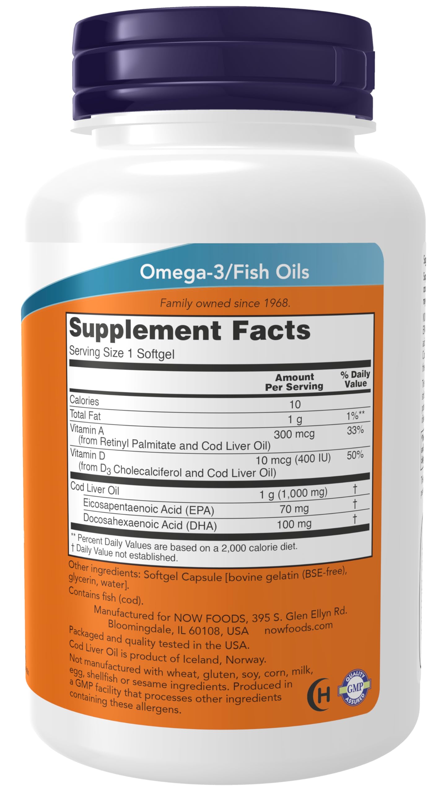 NOW Foods fish oil supplement bottle showing detailed nutritional information and supplement facts