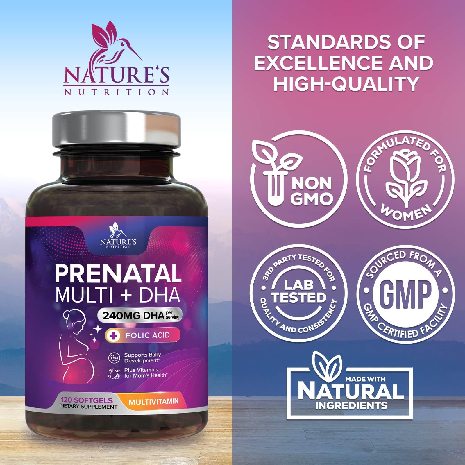 Close up of Natures Nutrition prenatal supplement facts label