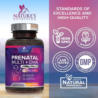 Close up of Natures Nutrition prenatal supplement facts label