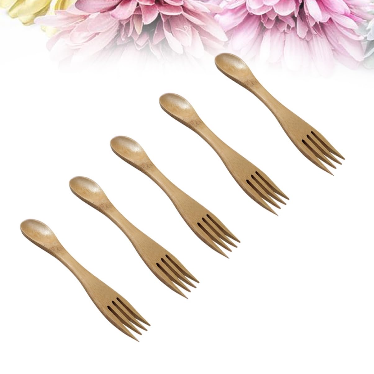 Close up of natural wood bamboo spork dual head design