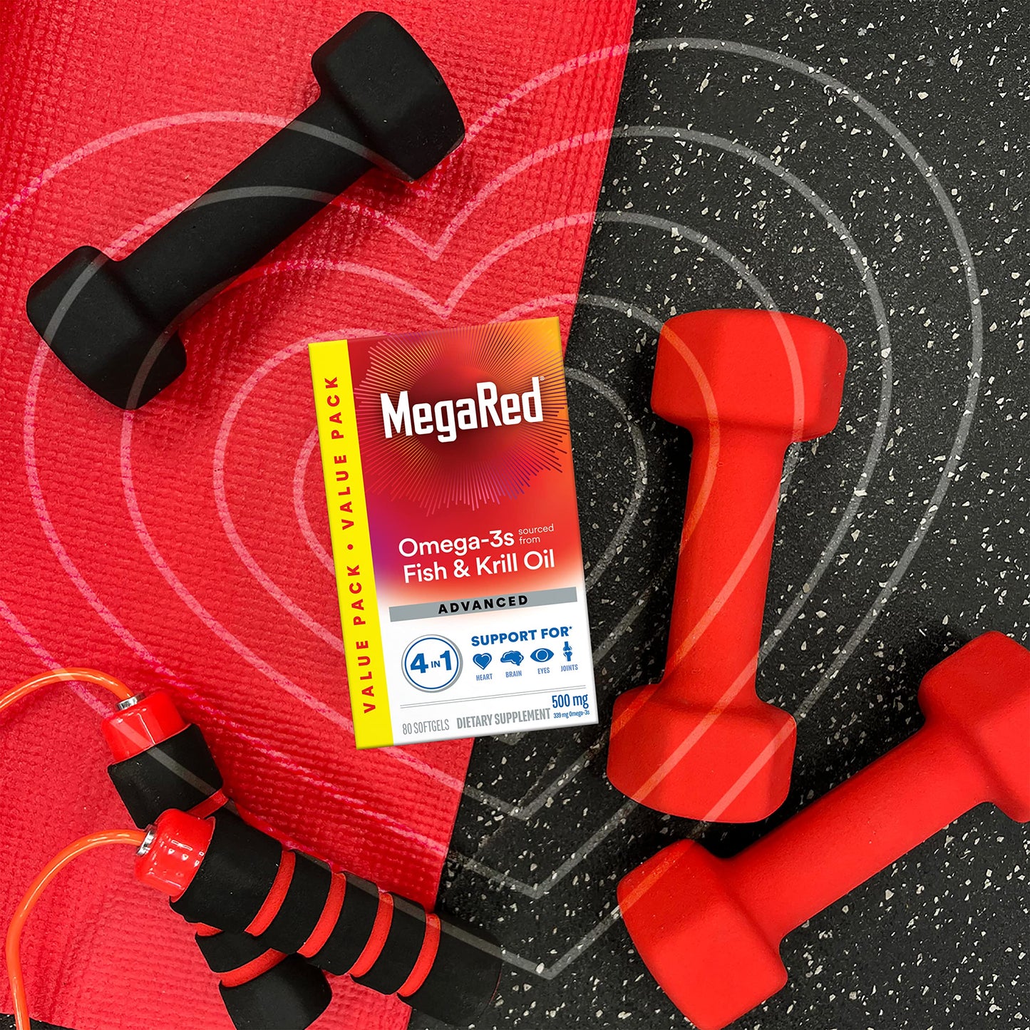 MegaRed advanced 4 in 1 marine lipid complex bottle standing upright alongside its original outer box