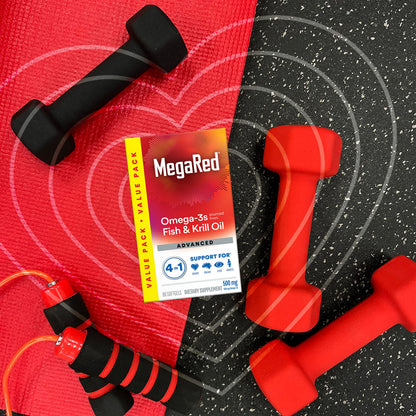 MegaRed advanced 4 in 1 marine lipid complex bottle standing upright alongside its original outer box