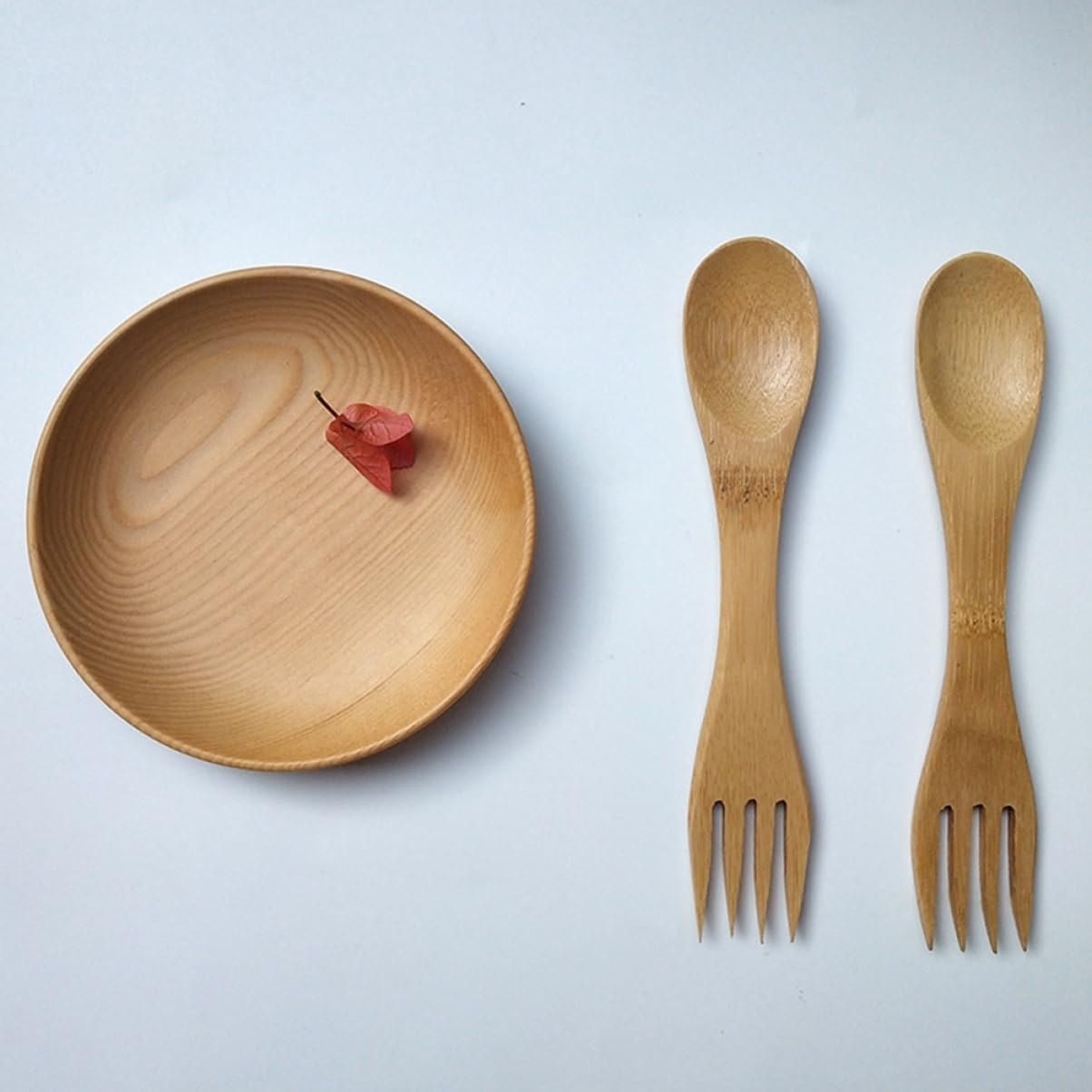Reusable bamboo spork set arranged for lunch box