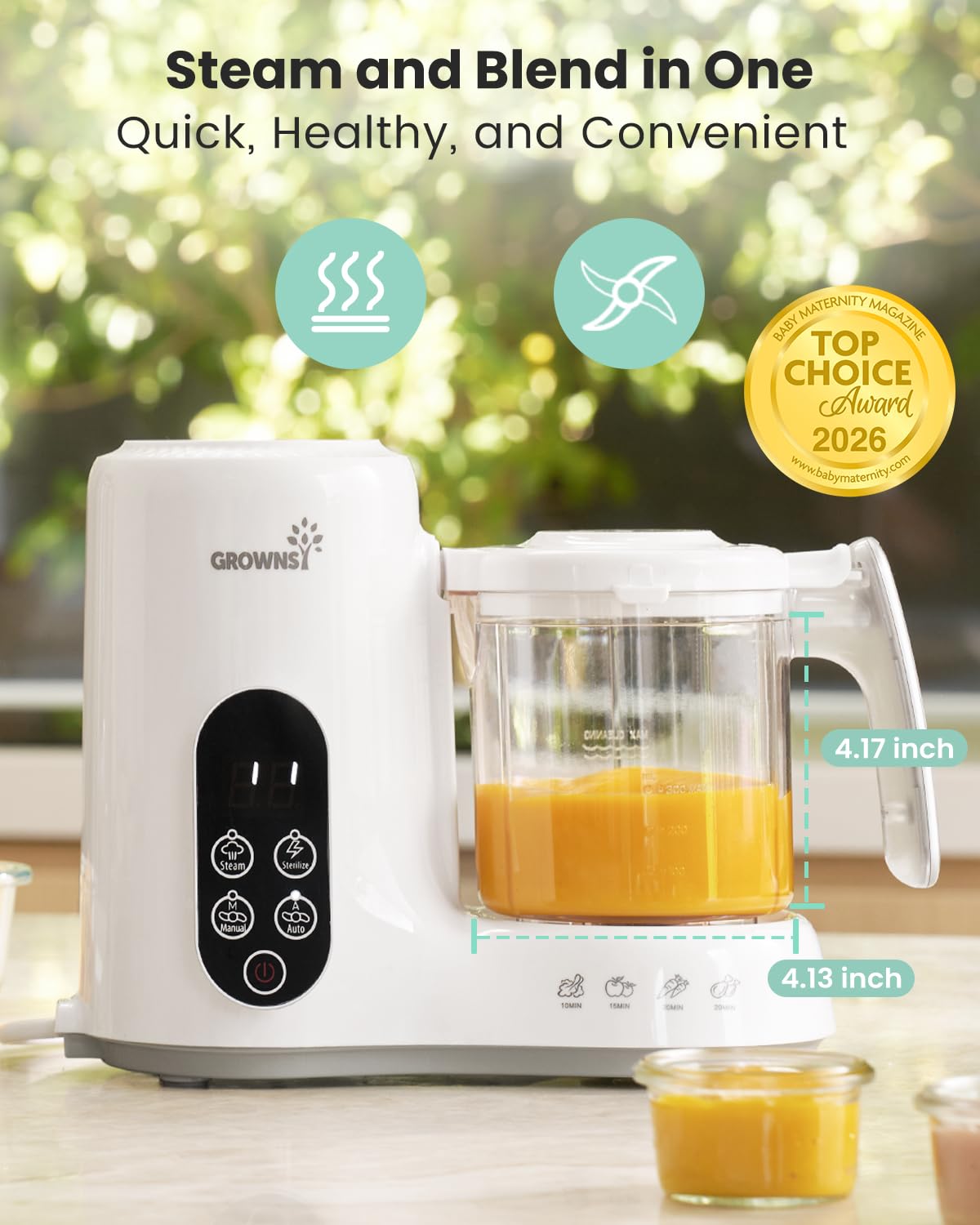 White baby food processor with steam basket inside the Tritan bowl
