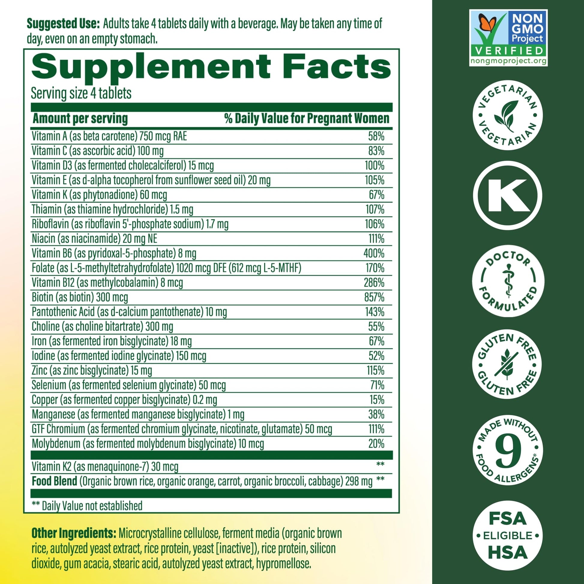 MegaFood prenatal supplement bottle side label