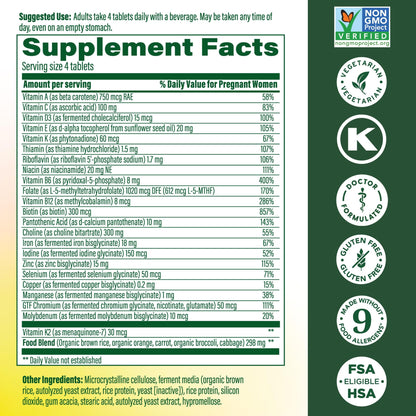 MegaFood prenatal supplement bottle side label