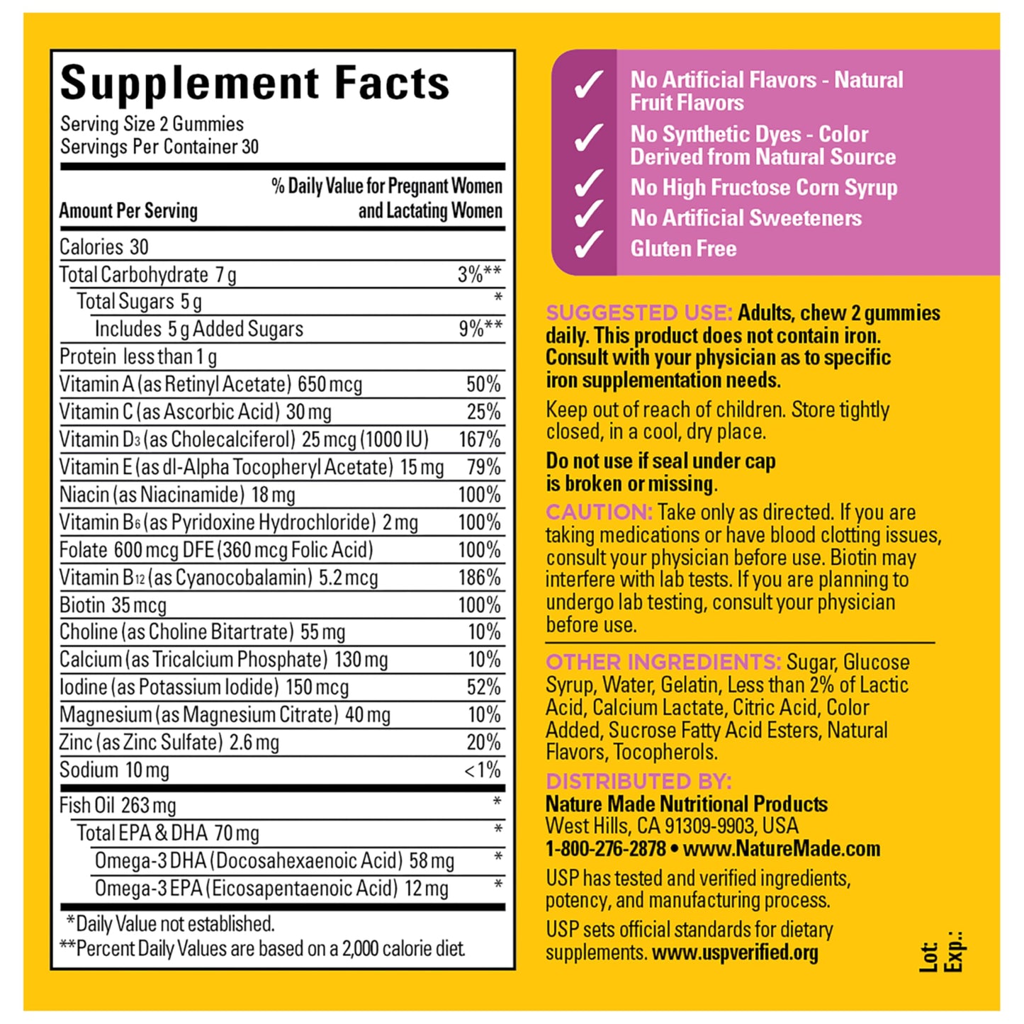 Nature Made Prenatal supplement ingredients list label