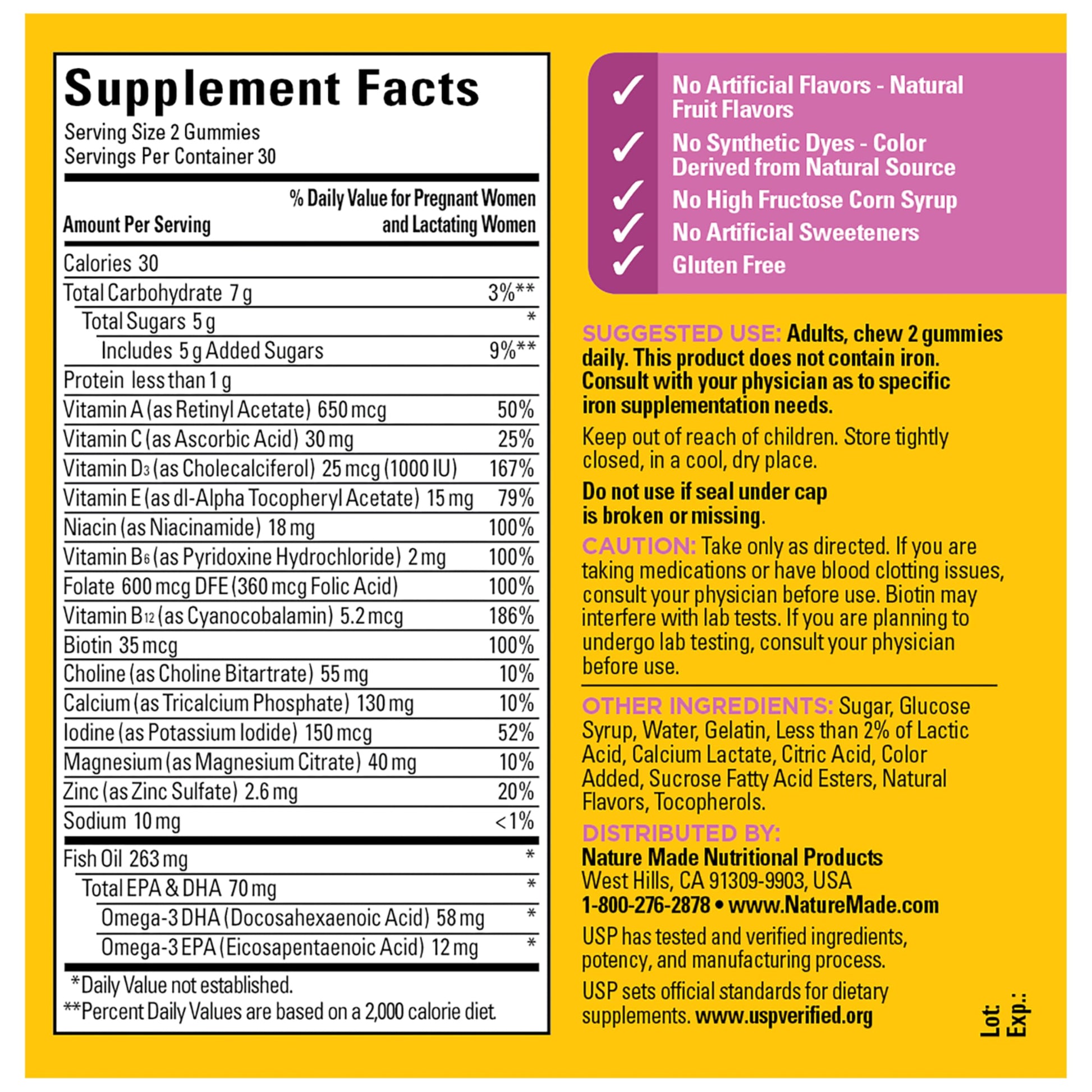 Nature Made Prenatal supplement ingredients list label