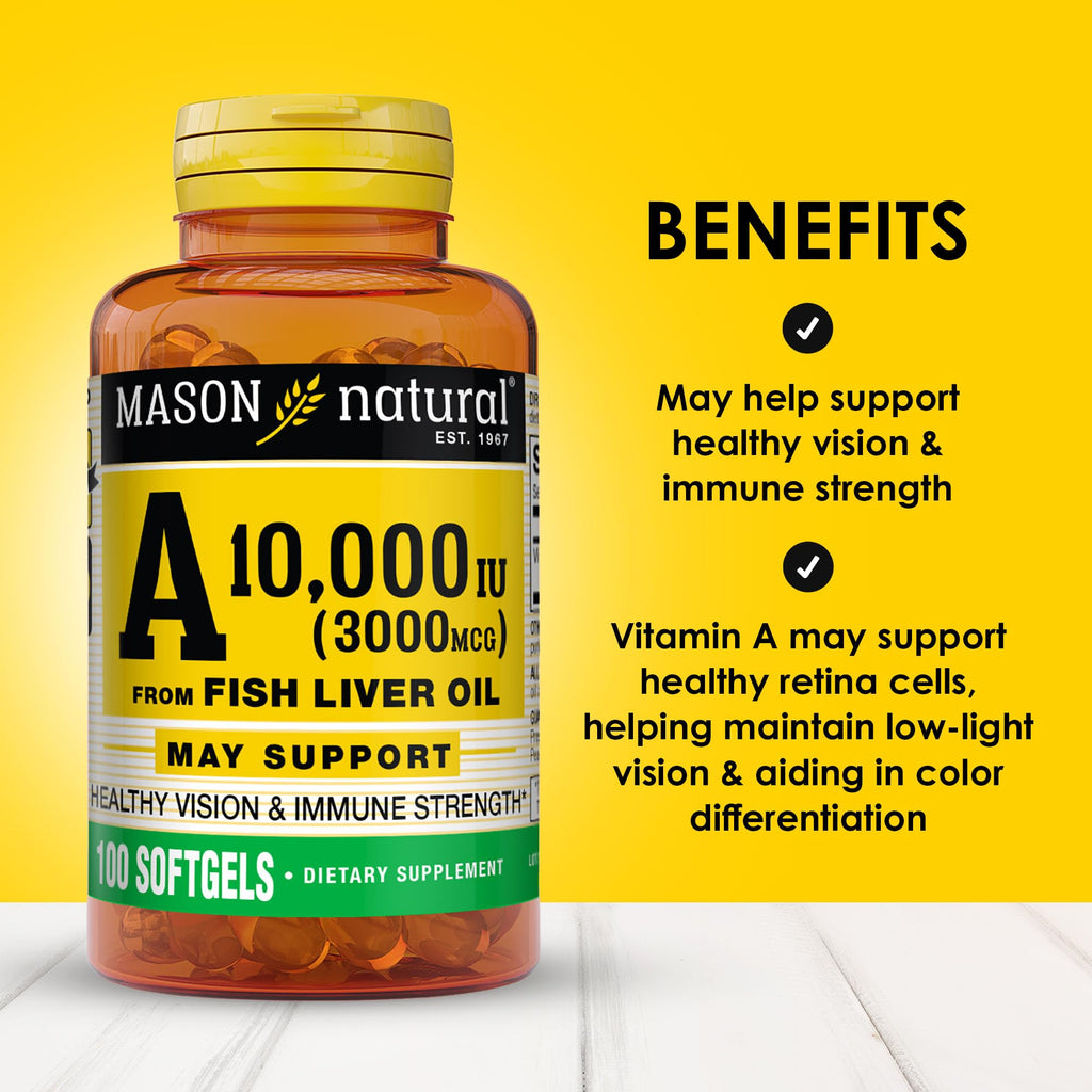 Mason Natural Vitamin A 10000 IU bottles supplement facts label