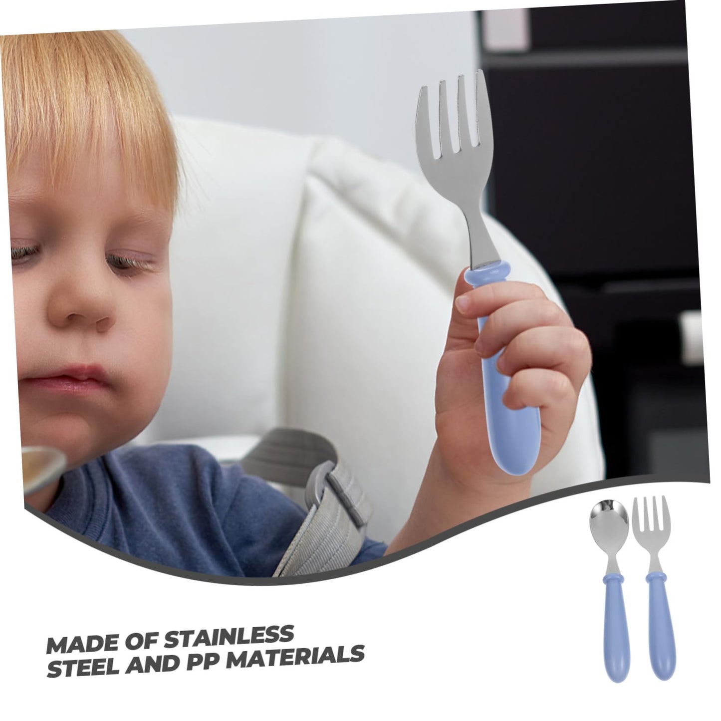 Ergonomic stainless steel infant spoon and fork close up for easy gripping