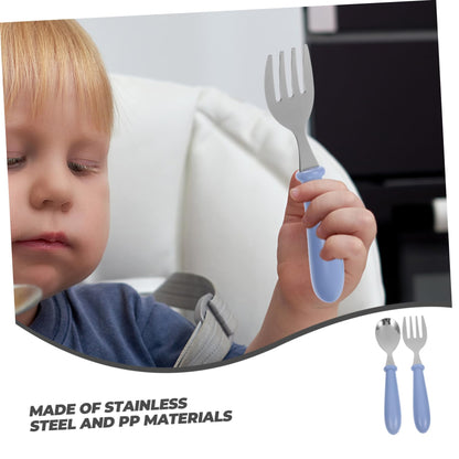 Ergonomic stainless steel infant spoon and fork close up for easy gripping