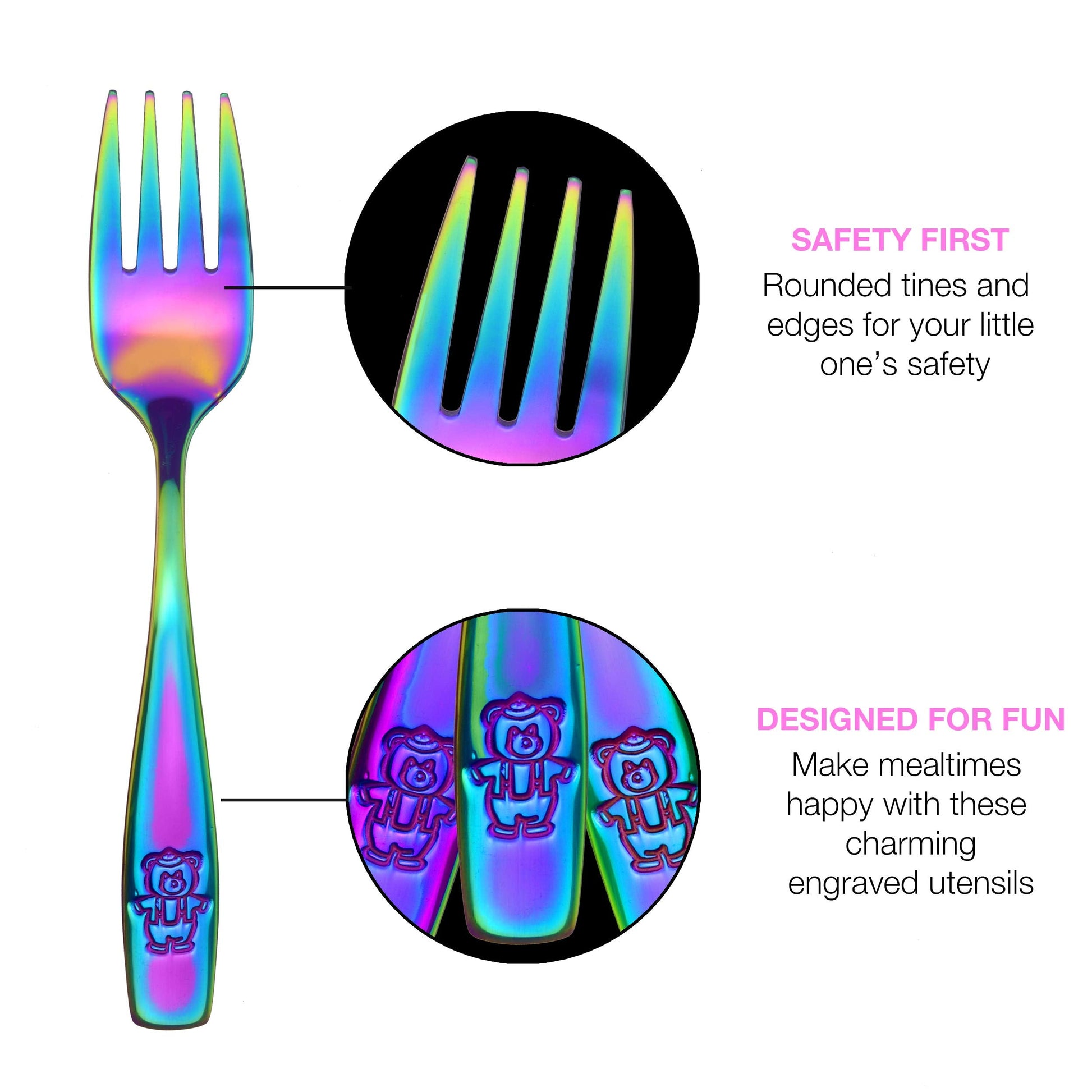 Close up of rainbow finish kids fork with engraved bear design