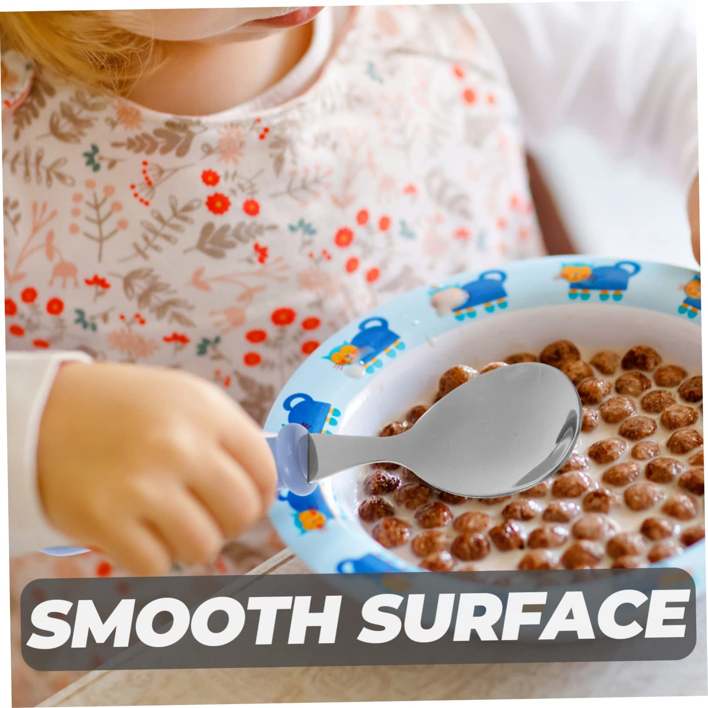 Rust resistant steel newborn utensils next to their matching blue box