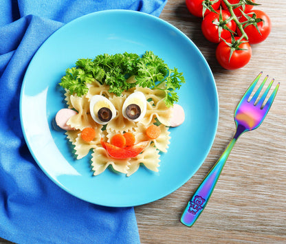 Top view of GlossyEnd stainless steel rainbow forks for mealtime