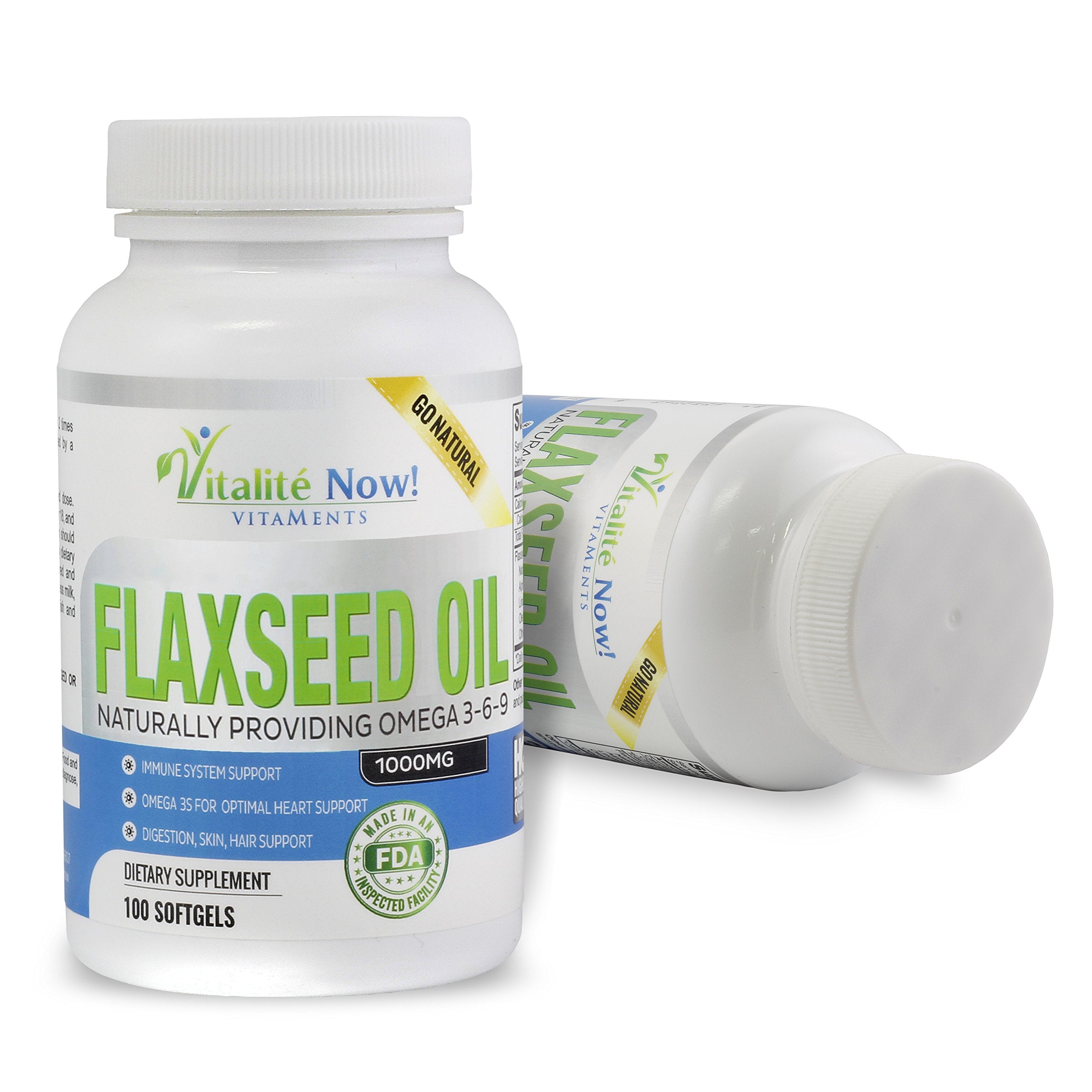 Vitalité Now Organic Flaxseed Oil 100 softgels nutritional supplement facts and organic certification details.