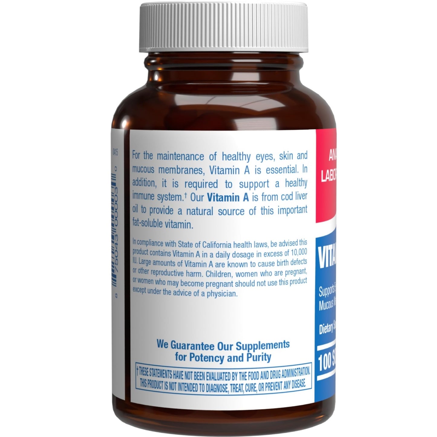 Back label of Anabolic Laboratories Vitamin A 10000 IU showing supplement facts