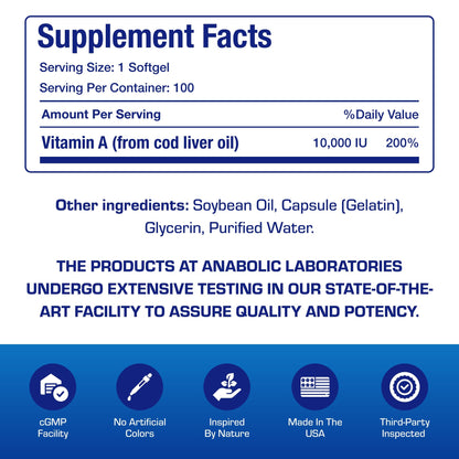 Close up of Vitamin A 10000 IU softgel capsules