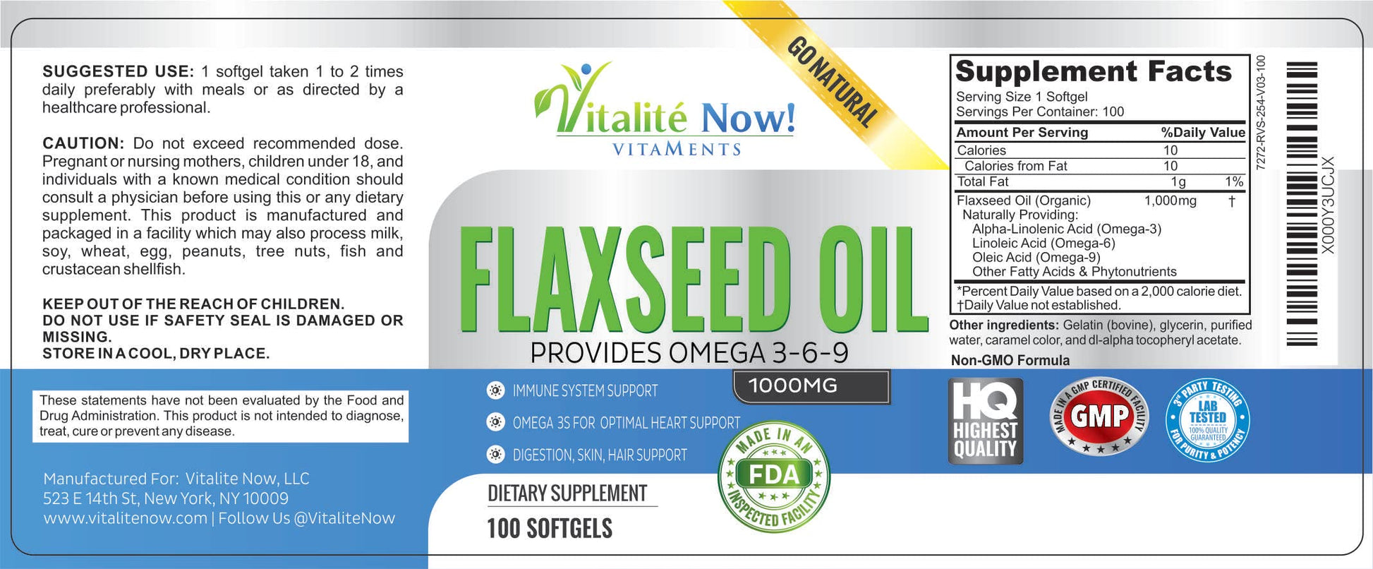 Vitalité Now Organic Flaxseed Oil authentic imported bottle showing expiration date and batch code details.