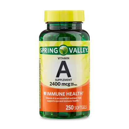 Close up of Spring Valley Vitamin A supplement bottle label