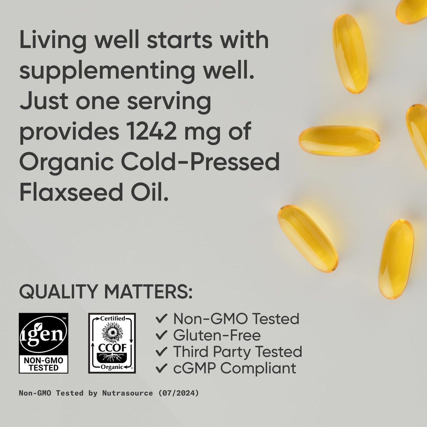 Authentic imported USA Sports Research flaxseed oil liquid softgels container setup on premium health display