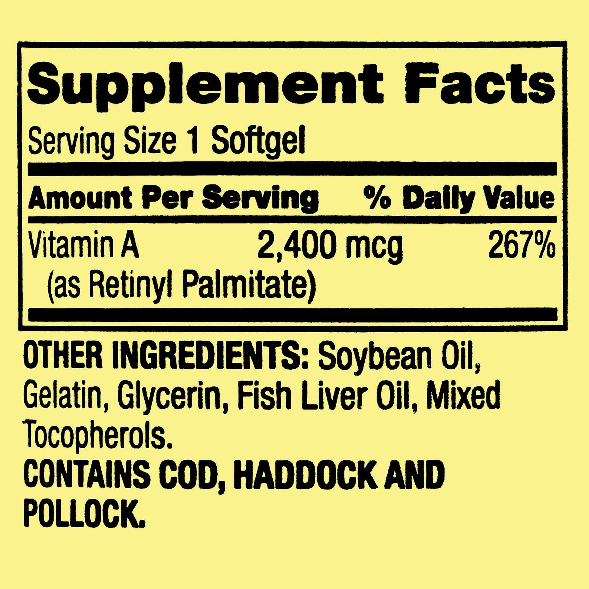 Back view of Spring Valley Vitamin A bottle showing nutritional facts