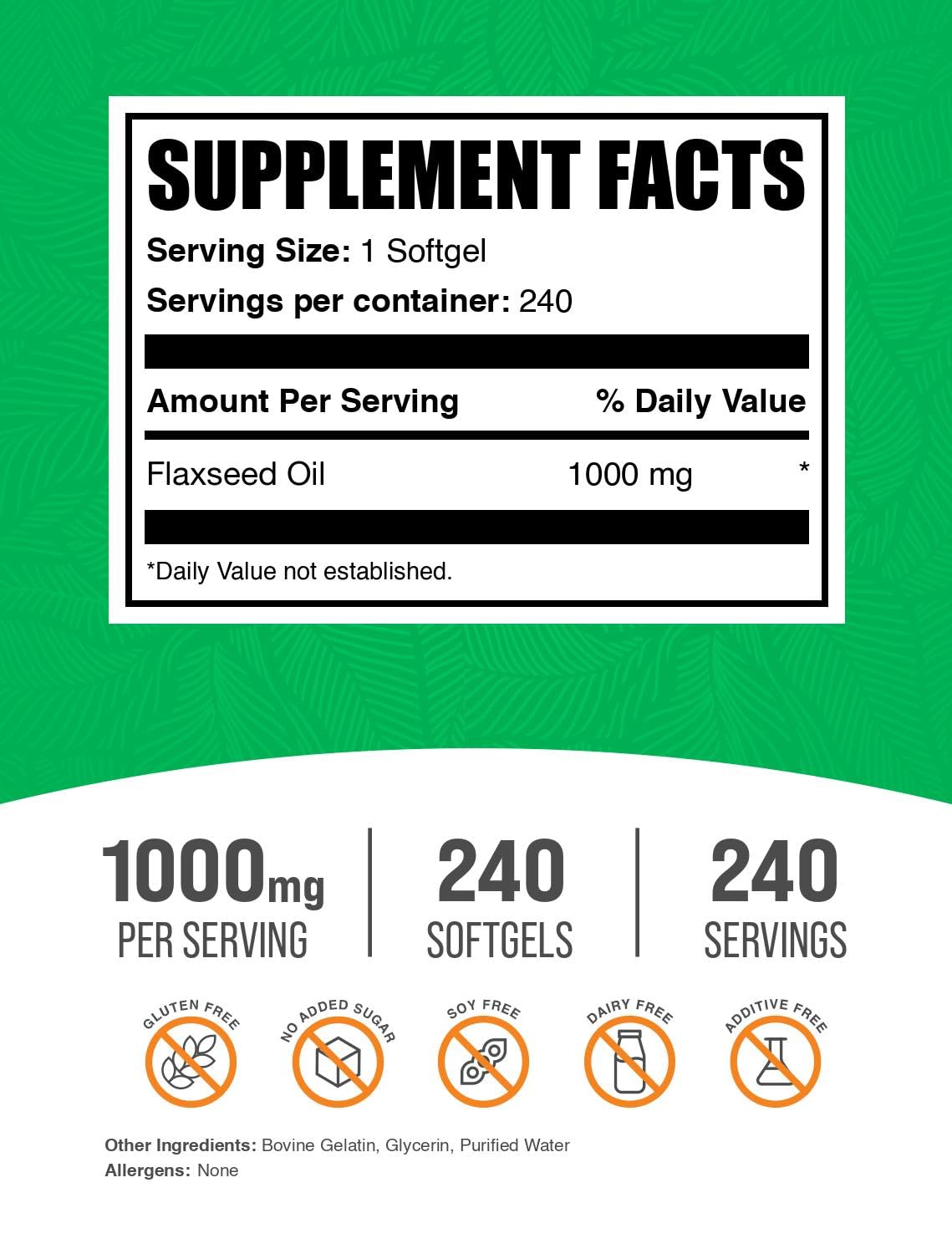 BulkSupplements plant based Omega 3 flaxseed oil capsules nutritional facts and ingredient label.