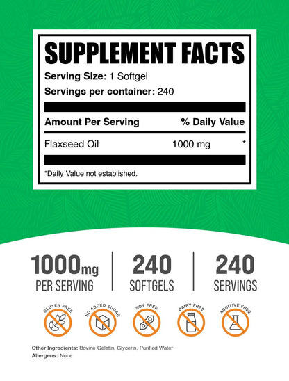 BulkSupplements plant based Omega 3 flaxseed oil capsules nutritional facts and ingredient label.