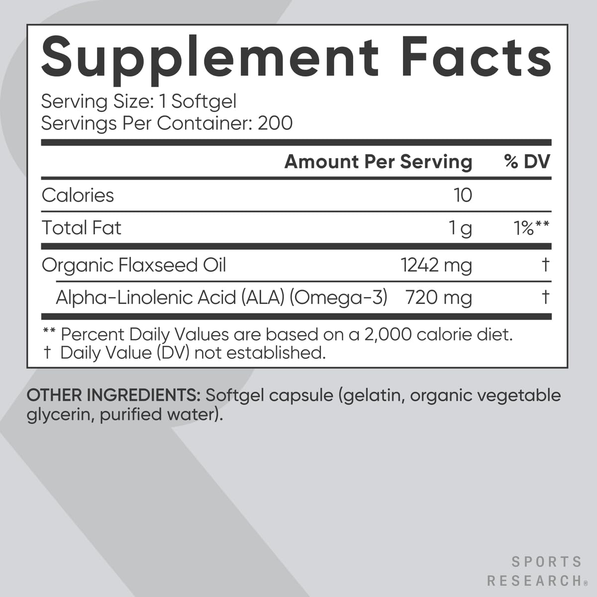 Close up of Sports Research plant based omega 3 dietary supplement highlighting non GMO verification seal
