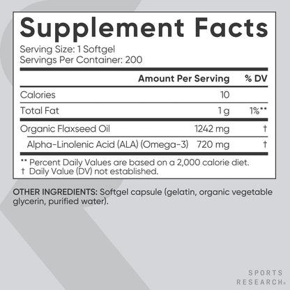 Close up of Sports Research plant based omega 3 dietary supplement highlighting non GMO verification seal