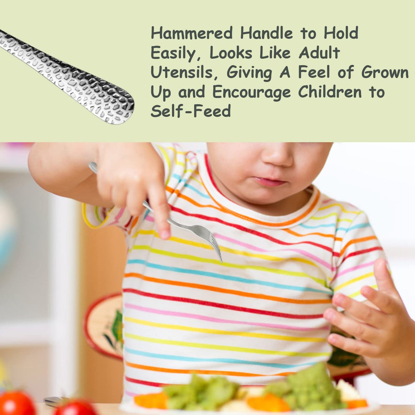 Top view of child-sized stainless steel fork tines