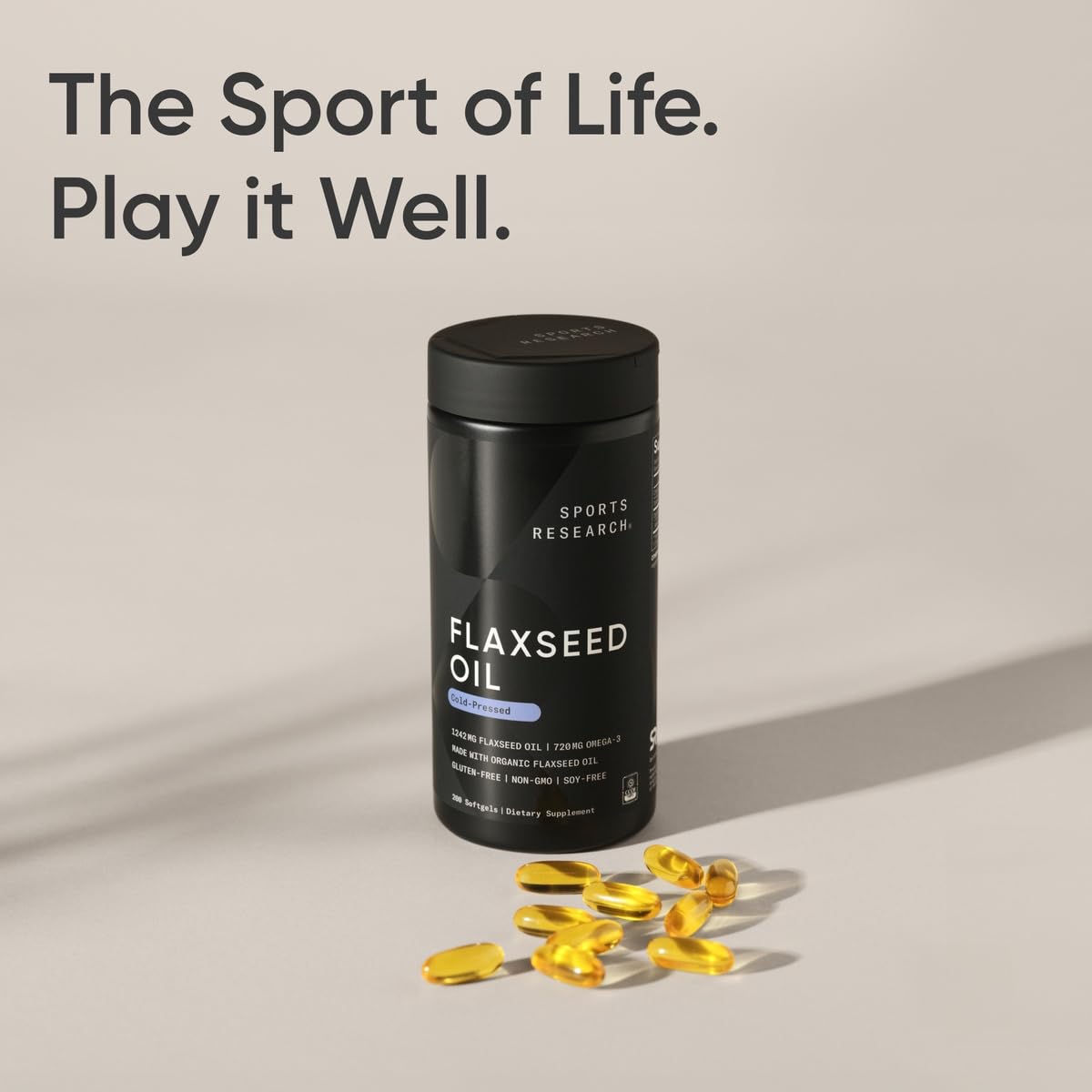 Sports Research flaxseed oil 200 liquid softgels bottle demonstrating authentic imported quality seal