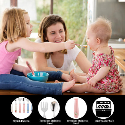 Side angle of MONGSEW baby flatware showing the ergonomic food themed handles designed for small toddler hands