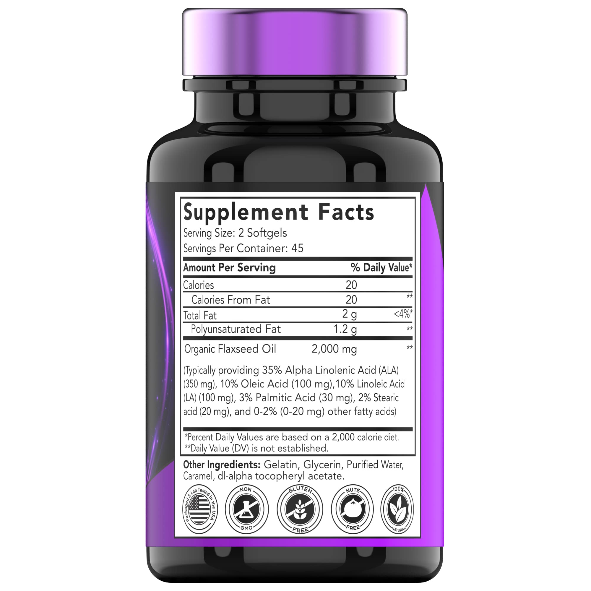 TNVitamins organic flaxseed supplement showing 90 easy to swallow softgels high in plant based omega 3